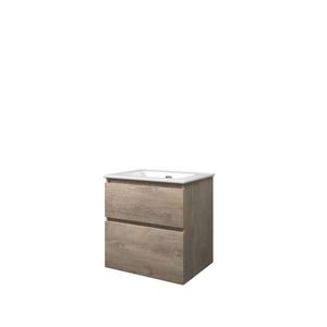 Set Proline porselein Elegant wastafel wit zonder kraangat onderkast asymmetrisch raw oak 60x46cm