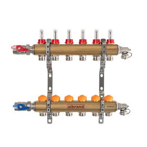Verdeler messing CF-FL 8-groeps pomploos aansluiting  1"bn. incl. flowmeters + CF-ventielen