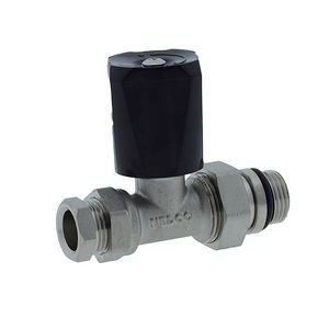 Radiatorkraan 15mm Recht+knelset 1/2"x15mm zwarte knop