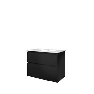 Set Proline porselein Elegant wastafel wit met 1 kraangat onderkast asymmetrisch mat zwart 80x46cm