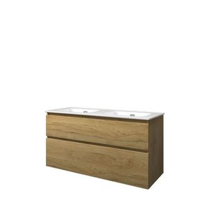 Set Proline porselein Elegant dubb. wastafel wit zonder kraangat onderkast asymmetrisch ideal oak 120x46cm
