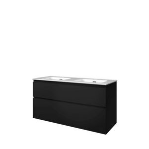 Set Proline porselein Elegant dubb. wastafel wit met 2 kraangaten onderkast asymmetrisch mat zwart 120x46cm