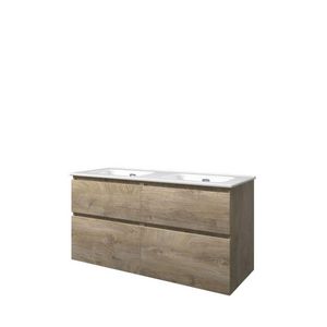 Set Proline porselein Elegant dubb. wastafel wit zonder kraangat onderkast 4x la asymmetrisch raw oak 120x46cm