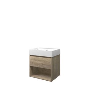 Set Proline porselein Loft wastafel wit zonder kraangat onderkast 1x lade+schap raw oak 60x46cm