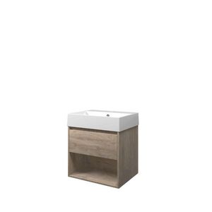 Set Proline porselein Loft wastafel wit met 1 kraangat onderkast 1x lade+schap raw oak 60x46cm