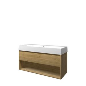 Set Proline porselein Loft enkele wastafel wit met 1 kraangat onderkast 1x lade+schap ideal oak 120x46cm