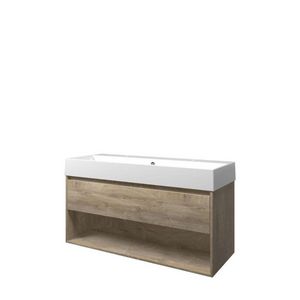 Set Proline porselein Loft enkele wastafel wit met 2 kraangaten onderkast 1x lade+schap raw oak 120x46cm