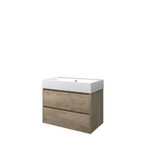Set Proline porselein Loft wastafel wit zonder kraangat onderkast symmetrisch raw oak 80x46cm
