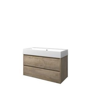 Set Proline porselein Loft wastafel wit zonder kraangat onderkast symmetrisch raw oak 100x46cm