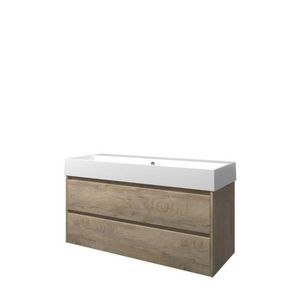 Set Proline porselein Loft enkele wastafel wit zonder kraangat onderkast symmetrisch raw oak 120x46cm