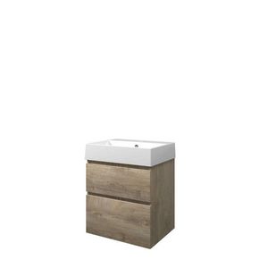 Set Proline porselein Loft wastafel wit zonder kraangat onderkast asymmetrisch raw oak 60x46cm