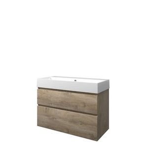 Set Proline porselein Loft wastafel wit zonder kraangat onderkast asymmetrisch raw oak 100x46cm