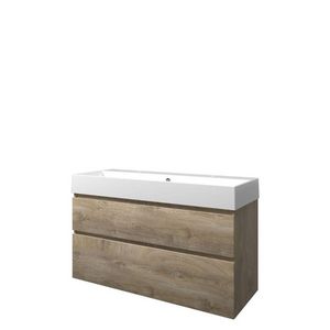 Set Proline porselein Loft enkele wastafel wit met 2 kraangaten onderkast asymmetrisch raw oak 120x46cm