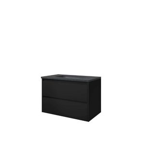 Set Proline hardsteen Elegant wastafel met 1 kraangat onderkast symmetrisch mat zwart 80x46cm