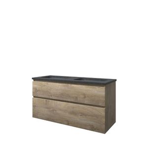Set Proline hardsteen Elegant dubb. wastafel met 2 kraangaten onderkast asymmetrisch raw oak 120x46cm