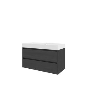 Set Proline polystone Loft wastafel glans wit met 1 kraangat onderkast symmetrisch black oak 100x46cm