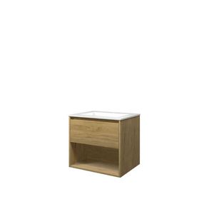 Set Proline polystone Elegant wastafel glans wit met 1 kraangat onderkast 1x lade+schap ideal oak 60x46cm