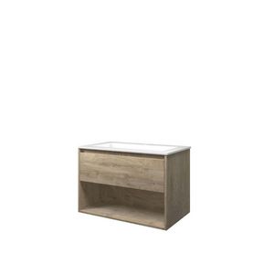 Set Proline polystone Elegant wastafel glans wit met 1 kraangat onderkast 1x lade+schap raw oak 80x46cm