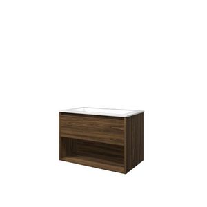 Set Proline polystone Elegant wastafel glans wit met 1 kraangat onderkast 1x lade+schap cabana oak 80x46cm