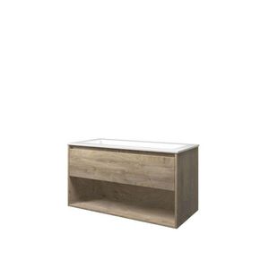 Set Proline polystone Elegant wastafel glans wit zonder kraangat onderkast 1x lade+schap raw oak 100x46cm