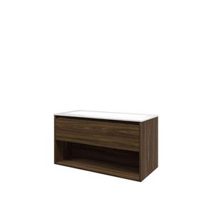 Set Proline polystone Elegant wastafel glans wit met 2 kraangaten onderkast 1x lade+schap cabana oak 100x46cm