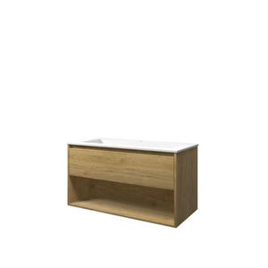 Set Proline polystone Elegant wastafel mat wit met 1 kraangat onderkast 1x lade+schap ideal oak 100x46cm