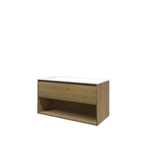 Set Proline polystone Elegant wastafel mat wit met 2 kraangaten onderkast 1x lade+schap ideal oak 100x46cm