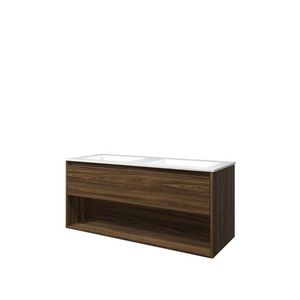 Set Proline polystone Elegant dubb. wastafel glans wit zonder kraangat onderkast 1x lade+schap cabana oak 120x46cm