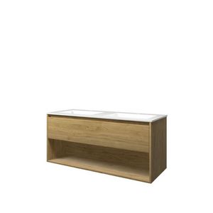 Set Proline polystone Elegant dubb. wastafel glans wit met 2 kraangaten onderkast 1x lade+schap ideal oak 120x46cm