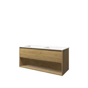 Set Proline polystone Elegant dubb. wastafel mat wit met 2 kraangaten onderkast 1x lade+schap ideal oak 120x46cm