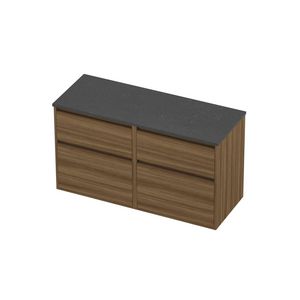 Deck Set Top afdekplaat hardsteen en onderkast greeploos 4 laden a-symmetrisch in kader 1200x460x670mm Blue stone/Caramel walnut