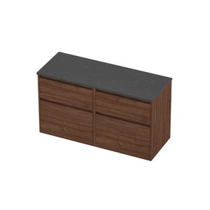 Deck Set Top afdekplaat hardsteen en onderkast greeploos 4 laden a-symmetrisch in kader 1200x460x670mm Blue stone/Indian walnut