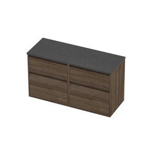 Deck Set Top afdekplaat hardsteen en onderkast greeploos 4 laden a-symmetrisch in kader 1200x460x670mm Blue stone/Vital oak
