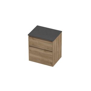 Deck Set Top afdekplaat hardsteen en onderkast greeploos 2 laden a-symmetrisch in kader 600x460x670mm Blue stone/Cider oak