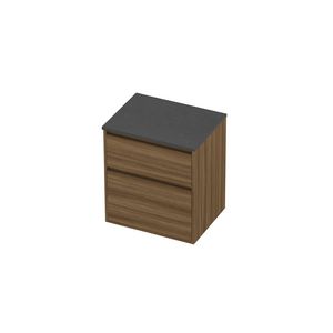 Deck Set Top afdekplaat hardsteen en onderkast greeploos 2 laden a-symmetrisch in kader 600x460x670mm Blue stone/Caramel walnut