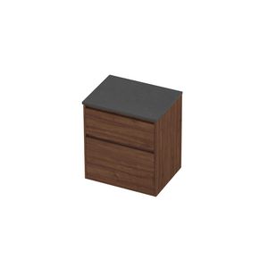 Deck Set Top afdekplaat hardsteen en onderkast greeploos 2 laden a-symmetrisch in kader 600x460x670mm Blue stone/Indian walnut