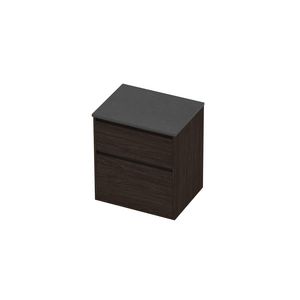 Deck Set Top afdekplaat hardsteen en onderkast greeploos 2 laden a-symmetrisch in kader 600x460x670mm Blue stone/Mokka oak