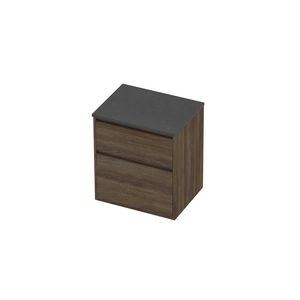Deck Set Top afdekplaat hardsteen en onderkast greeploos 2 laden a-symmetrisch in kader 600x460x670mm Blue stone/Vital oak