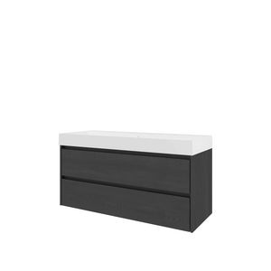 Set Proline polystone Loft enkele wastafel mat wit met 2 kraangaten onderkast symmetrisch black oak 120x46cm