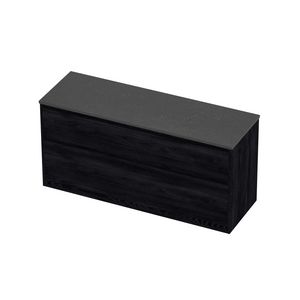 Deck Set Top afdekplaat hardsteen en onderkast greeploos 2 laden a-symmetrisch in kader 1400x460x670mm Blue stone/Black oak