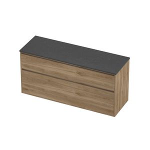 Deck Set Top afdekplaat hardsteen en onderkast greeploos 2 laden a-symmetrisch in kader 1400x460x670mm Blue stone/Cider oak