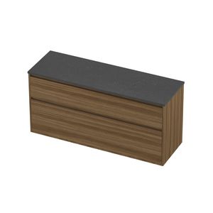 Deck Set Top afdekplaat hardsteen en onderkast greeploos 2 laden a-symmetrisch in kader 1400x460x670mm Blue stone/Caramel walnut