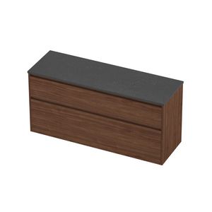 Deck Set Top afdekplaat hardsteen en onderkast greeploos 2 laden a-symmetrisch in kader 1400x460x670mm Blue stone/Indian walnut