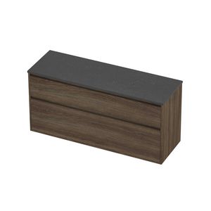Deck Set Top afdekplaat hardsteen en onderkast greeploos 2 laden a-symmetrisch in kader 1400x460x670mm Blue stone/Vital oak