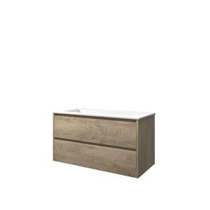 Set Proline polystone Elegant wastafel mat wit zonder kraangat onderkast symmetrisch raw oak 100x46cm