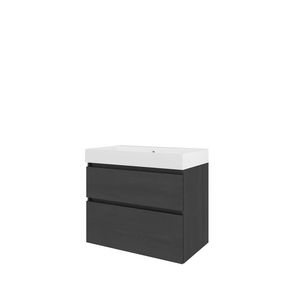 Set Proline polystone Loft wastafel glans wit zonder kraangat onderkast asymmetrisch black oak 80x46cm