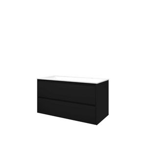 Set Proline polystone Elegant wastafel mat wit met 2 kraangaten onderkast symmetrisch mat zwart 100x46cm
