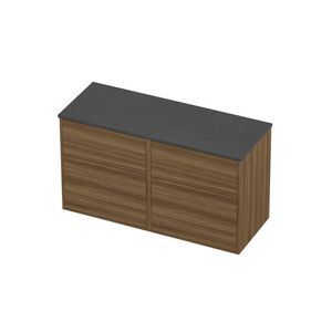 Deck Set Top afdekplaat hardsteen en onderkast tbv grepen 4 laden a-symmetrisch in kader 1200x460x670mm Blue stone/Caramel walnut