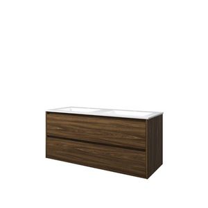 Set Proline polystone Elegant dubb. wastafel glans wit met 2 kraangaten onderkast symmetrisch Cabana oak 120x46cm