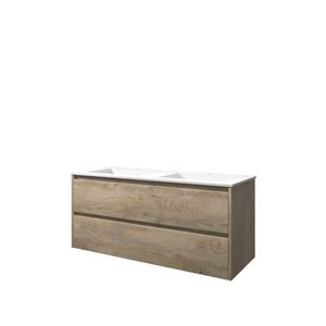 Set Proline polystone Elegant dubb. wastafel mat wit met 2 kraangaten onderkast symmetrisch raw oak 120x46cm